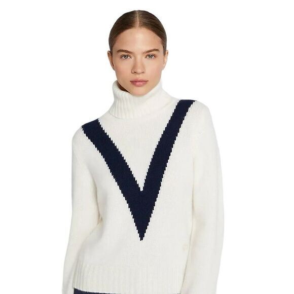 Tory Sport Cashmere Colorblock Turtle Neck Pullover Sweater Ivory Navy Size XS